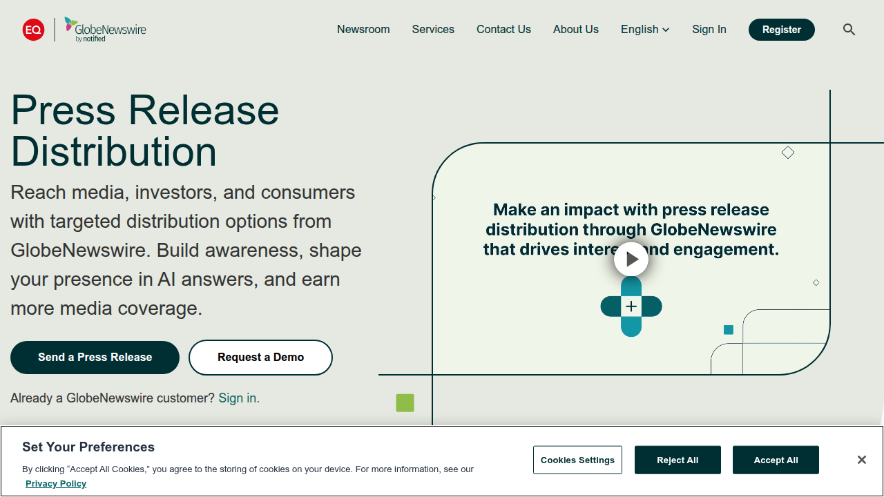 The GlobeNewswire homepage, a platform for press release distribution and corporate news.