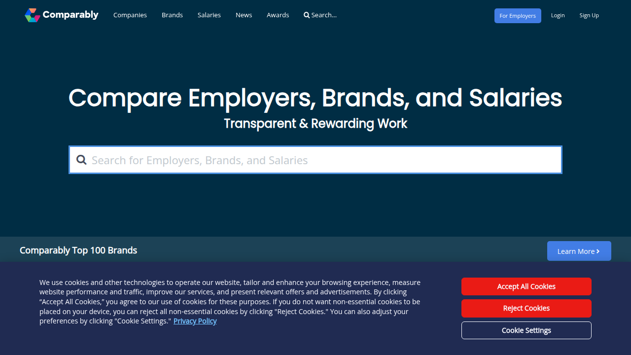 The Comparably homepage, a resource for workplace culture and compensation data.