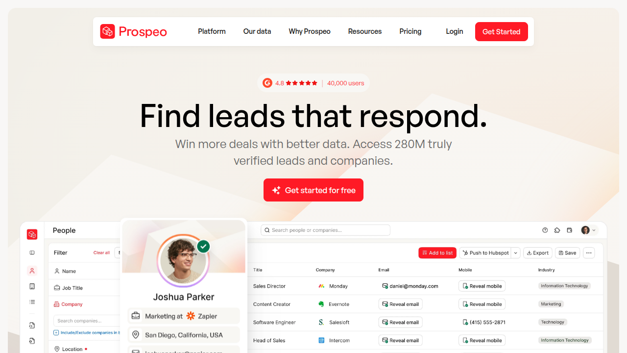 Prospeo's website, an example of a company that supports B2B sales professionals, including Account Executives, with AI-powered solutions.